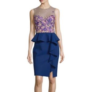 Marchesa NOTTE Embroidered Peplum Combo Dress in blue pink size 4